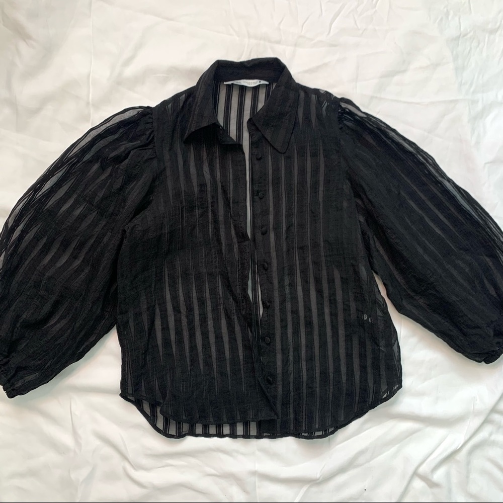 Zara Women XS See-thru Puff Sleeve Button down Stripe Top